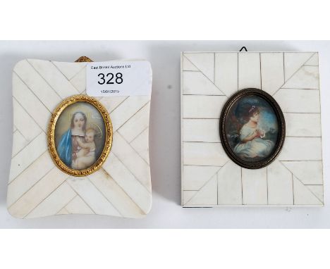 A pair of Edwardian ivory fronted miniature picture paintings depicting maidens. The ivory panels being chase lined having ea