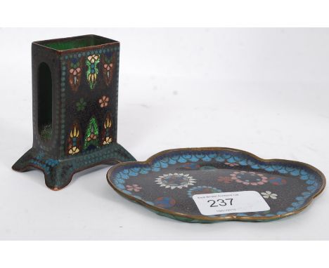 An early  20th century  Chinese enamel set matchbox holder / vesta together with the matching tray. Enamel black ground set w