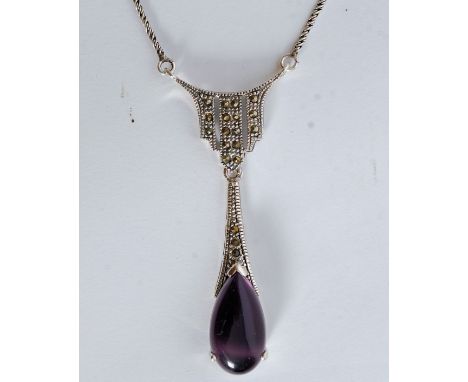 An Art Nouveau style silver marcasite and amethyst drop necklace on rope twist chain stamped 925