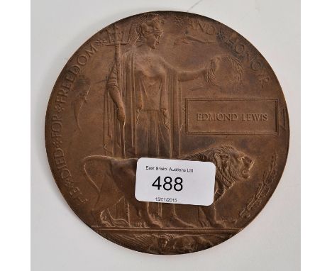 An original WWI First World War Death plaque penny - for Edmond Lewis.