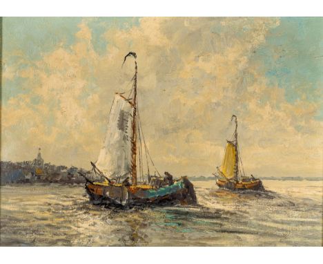   Marinemaler  Marinemaler   1. Hälfte 20. Jh.  Öl/Lw. Hafenlandschaft mit heimkehrenden Fischerbooten. 50 x 70  cm. R.      