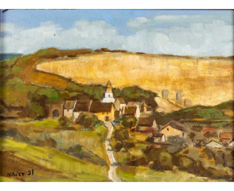   Laier, Albert  Laier, Albert   1928 Freiburg - 1995 Weil am Rhein.   Öl/Pavatex. Blick von einer Anhöhe aus auf Istein und 