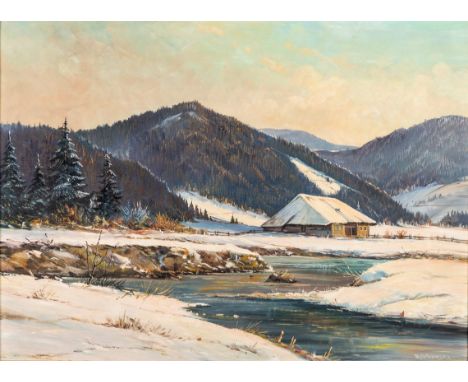   Petrowsky, R.  Petrowsky, R.   20. Jh.  Öl/Hartfaser. Blick vom Ufer eines Bachlaufs auf die  schneebedeckte Schwarzwälder 