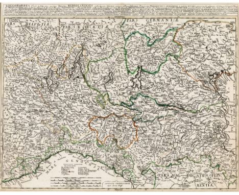   Oberitalien  Oberitalien   18. Jh.  Kupferstichkarte, grenzkol. "Longobardia divisa in status suos,  qui sunt: Ducatus Medi