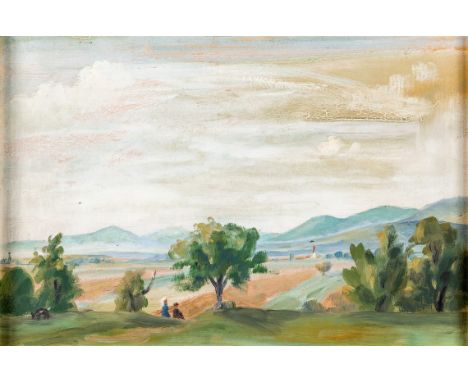  Bizer, Emil  Bizer, Emil   1881 Pforzheim - 1957 Badenweiler.  Öl/Malpappe. Studie. "Landschaft bei Zunzingen". Verso sign.