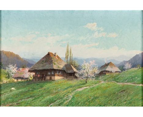   Hauptmann, Karl  Hauptmann, Karl   1880 Freiburg - 1947 Todtnau.   Öl/Lw. Frühling im Schwarzwald mit Blick auf zwei Schwar