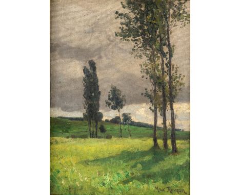   Roman, Max Prof.  Roman, Max Prof.   1849 Freiburg - 1910 Karlsruhe. Öl/Lw., aufgez. auf Holz. Weite Frühlingslandschaft mi