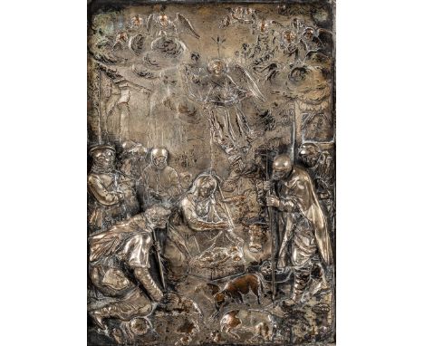   Bildplatte  Bildplatte   Kupfertafel, versilbert. Im Hoch- und Flachrelief, z.T.  aufmontiert, personenreiche Darstellung d