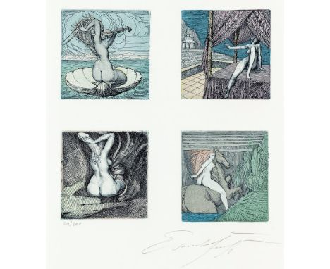   Fuchs, Ernst  Fuchs, Ernst   1930 Wien - 2015 ebd. Blatt mit vier Farbradierungen. Geburt der Venus. Amazone.  Gefräß servi