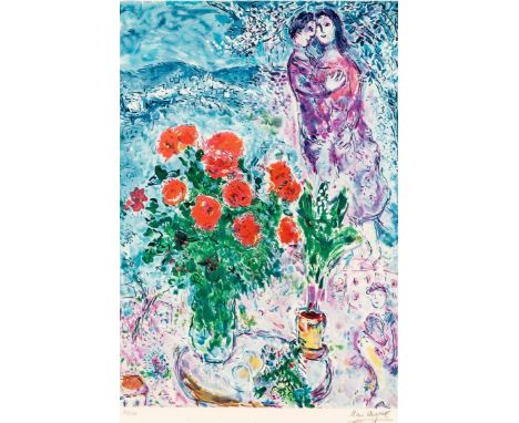   Chagall, Marc  Chagall, Marc   1887 Witebsk - 1985 Saint-Paul-de-Vence.  Farblithogr. Roter Blumenstrauß mit Liebespaar. U.