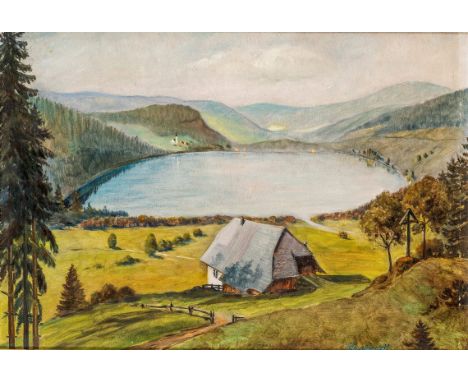   Grathwohl, G.  Grathwohl, G.   1. Hälfte 20. Jh,  Öl/Malpappe. Blick auf den Titisee. U.r. sign. (Farbabriebe). 37  x 53 cm