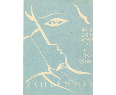   Schlemmer, Oskar  Schlemmer, Oskar   1888 Stuttgart - 1943 Baden-Baden. Linolschnitt, hellblau/Papier. Ex Libris. "Aus der 