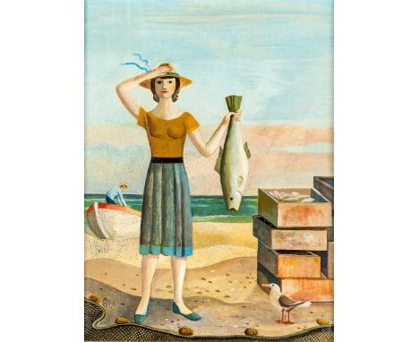   Monogrammist S.  Monogrammist S.   20. Jh.  Öl/Malpappe. Strandpartie mit Frau und Fisch. U.l. monogr. u.  78(19) dat. (Cra