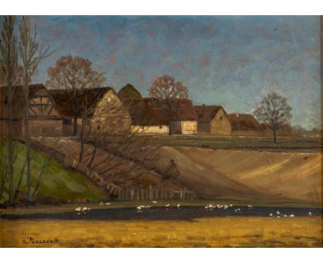   Dussault, Karl  Dussault, Karl   1860 Karlsruhe - 1930 ebd.  Öl/Malpappe. "Daxlanden" in Karlsruhe. Blick vom Ufer aus auf 