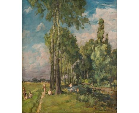   Graeber, Otto  Graeber, Otto   1885 Eberbach/Neckar - 1952 Karlsruhe.  Öl/Lw. Badende Kinder am Ufer eines Bachlaufs. U.r. 