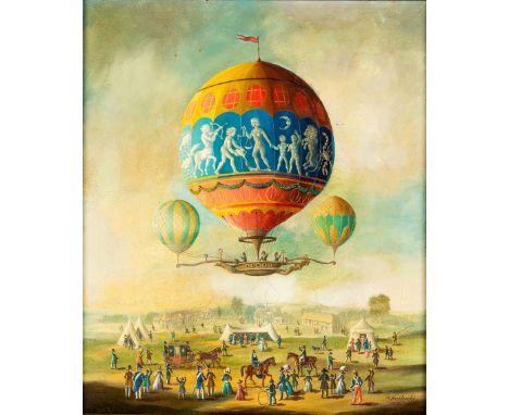   Wasilewski, M.  Wasilewski, M.   20. Jh.  Öl/Lw. Die historische Heißluftballonschau der Brüder  Montgolfière. U.r. sign. u