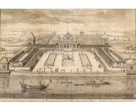   Schloss Monbijou  Schloss Monbijou   18. Jh.  Kupferstich. Blick von einem erhöhten Standpunkt über die Spree  auf das Schl
