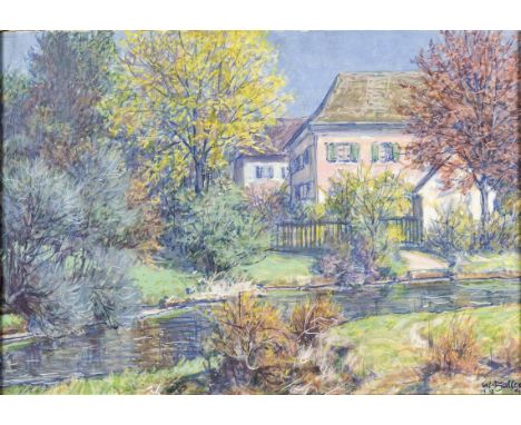   Haller, Wilhelm  Haller, Wilhelm   1873 Freiburg - 1950 ebd. Aquarell. Frühlingslandschaft mit Blick über Flusslauf auf  Hä