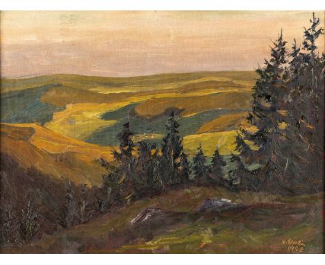   Eberlin, Franz  Eberlin, Franz   1896 Freiburg - 1930 ebd.  Öl/Holz. Frühling im Schwarzwald. Blick über die weite  Schwarz