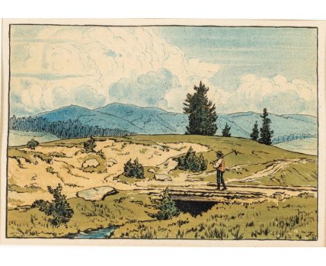   Thoma, Hans  Thoma, Hans   1839 Bernau - 1924 Karlsruhe. Lithogr. Schwarzwaldlandschaft mit heimkehrendem Bauern. Im  Stein