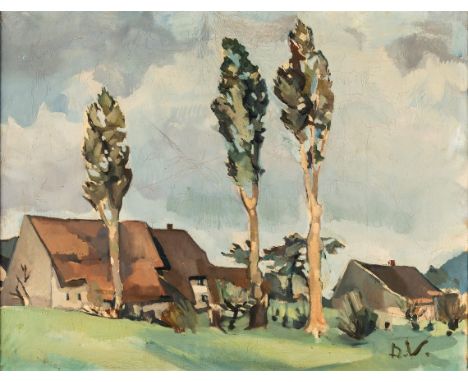   Vetter, Dora  Vetter, Dora   1901 Waldkirch - 1975 ebd. Studium in Paris und Berlin.  Öl/Lw. Blick auf Höfe im herbstlichen