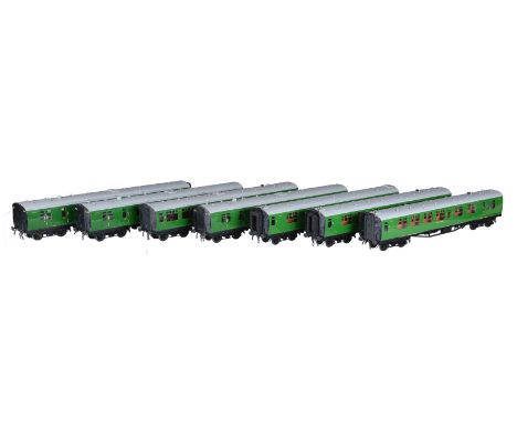 A rake of seven SR twin bogie Bulleid corridor coaches, built by Barratt Engineering including six 3rd/brakes and a 1st/3rd/s