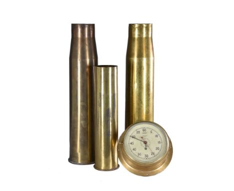 A circular brass ships clock, with 23cm diameter bezel having Arabic numerals and sweep second hand together with three polis