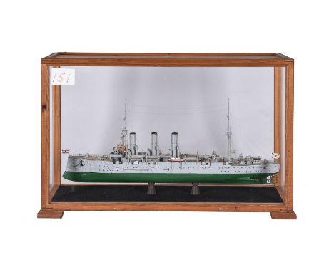 A cased static model of a First World War destroyer, glazed case length 72cm.  Width 26cm. Height 45cm.