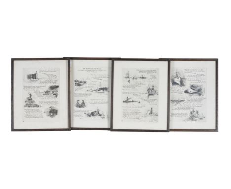 Poem ‘The Laws of the Navy’, Four framed and illustrated prints of Naval ships and the first poem by Rear Admiral Ronald Arth