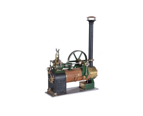 A well-engineered model of a horizontal ‘over-type’ live steam engine, mounted on copper boiler with wooden simulated plank c