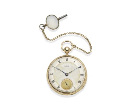 Breguet. An 18K gold key wind open face quarter repeating pocket watchDate: Circa 1820Movement: Gilt cylinder, plain 3-arm ba