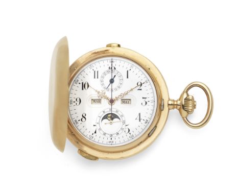 An 18K gold keyless wind quarter repeating calendar chronograph full hunter pocket watch with moon phaseDate: Circa 1890Movem