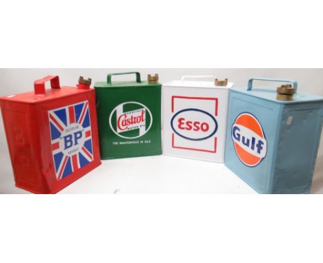 Four painted oil cans from BP, Castrol, Esso &amp; Gulf, with brass can tops 