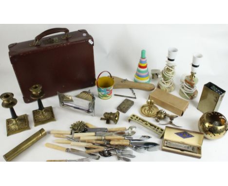 Selection of miscellaneous items to include small briefcase, onyx candlesticks, brass candlesticks, Harmonica etc 