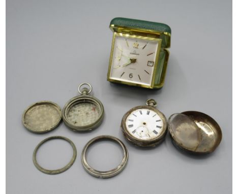 Late Victorian silver open faced keyless pin set pocket watch(a/f), Garant 7 jewel travel clock alarm &amp; pieces of watch c