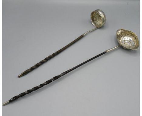 C18th silver toddy ladle with inset florin and twisted whalebone handle, overall length 32cm &amp; a similar period toddy lad