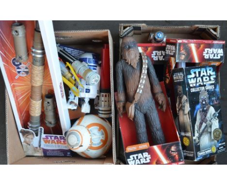 Collection of Star Wars toys including 3 large Star Wars action figures by Disney (Chewie, A Stormtrooper and Darth Vader), a