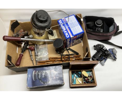 Camera equipment including Practica camera and separate cased lens, woodworking tools, carved wood box containing costume jew