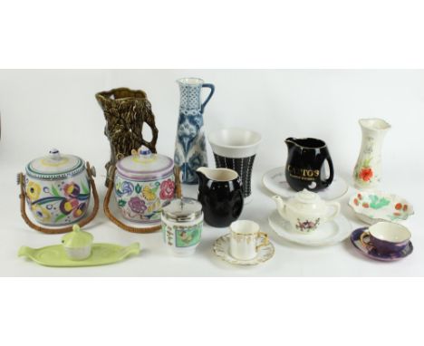 Near pair of mid C20th Poole Pottery biscuit barrels, Hornsea jug and other misc. ceramics 