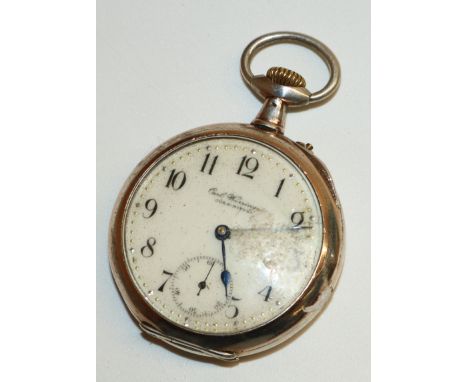 Carl Worringe, Cöln-Nippes continental silver keyless pinset open faced pocket watch, with signed white enamel dial, Arabic n