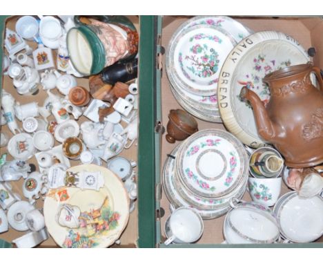 Collection of tableware by Maddock, china souvenirs, Toby Jugs, carved wooden eggs, a large earthenware teapot with pheasant 