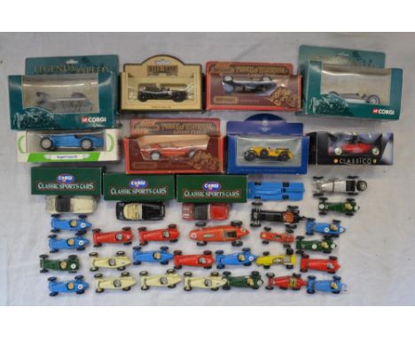 Collection of diecast racing cars, mostly 1/43 scale, some boxed including Corgi Bugatti Type 35, Rolls Royce Bentley Collect