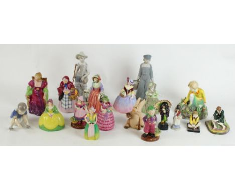 Collection of decorative ceramic figurines to include Atlas China, Arcadian, Crown Staffordshire, Lladro etc, H22cm max 
