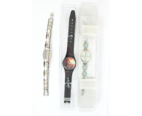 Ladies Swatch quartz wristwatch in original packaging, Lara Croft promotional quartz wristwatch, ladies sports style watch wi
