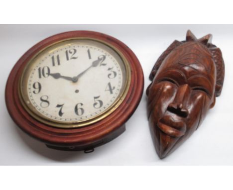 C20th wall dial clock moulded stained beech frame, brass bezel enclosing card dial with Arabic numerals and outer minute trac