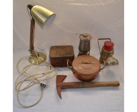 Vintage Swedish Primus Stove and copper cooking pot, a Wolf Type FS safety lamp, a vintage battery operated lamp, a desk lamp