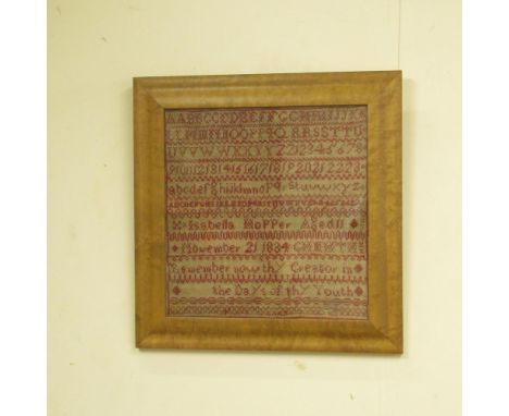 William IV sampler, worked with alphabet, numerals and verse by Isabella Hopper Aged 11 November 21 1834, 29cm x 28cm and a C