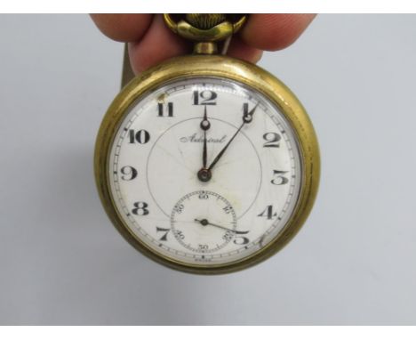 Tacy Watch Co. "Admiral" rolled gold open faced keyless pocket watch, signed white enamel dial set with Arabic numerals, rail