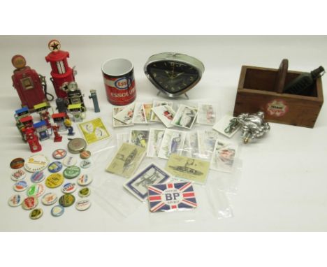 Mixed collection of automobilia and petroliana related items inc. multiple packs of cards and badges from Harley Davidson, Va