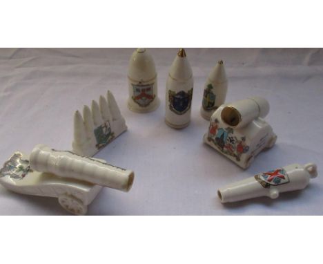 Collection of Carltonware, Caldonian and Arcadian crested china bullets, canons and shells relating to WW1 (7) 